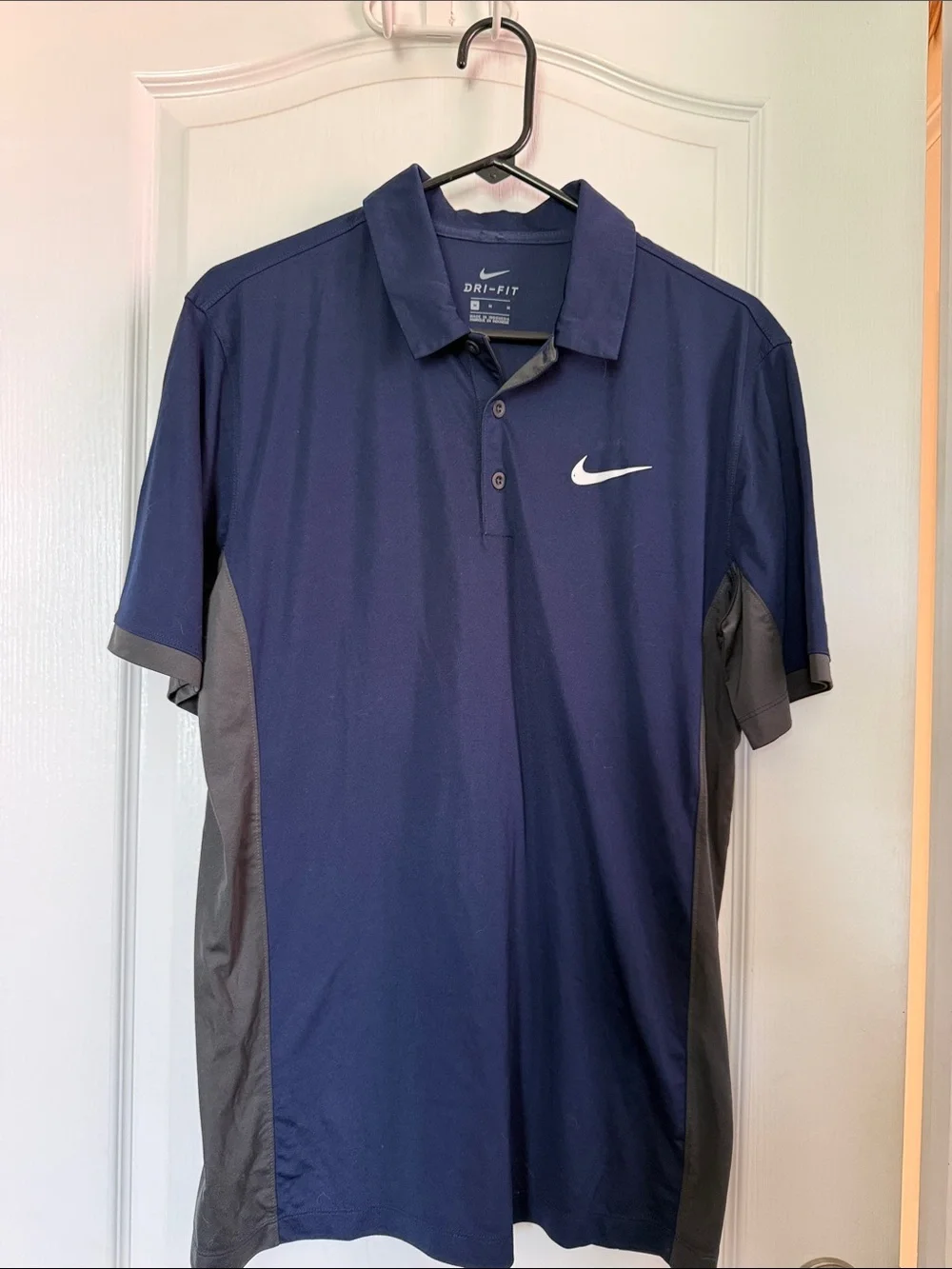 Nike Men’s Navy Polo with Gray Side Panels and White Swoosh